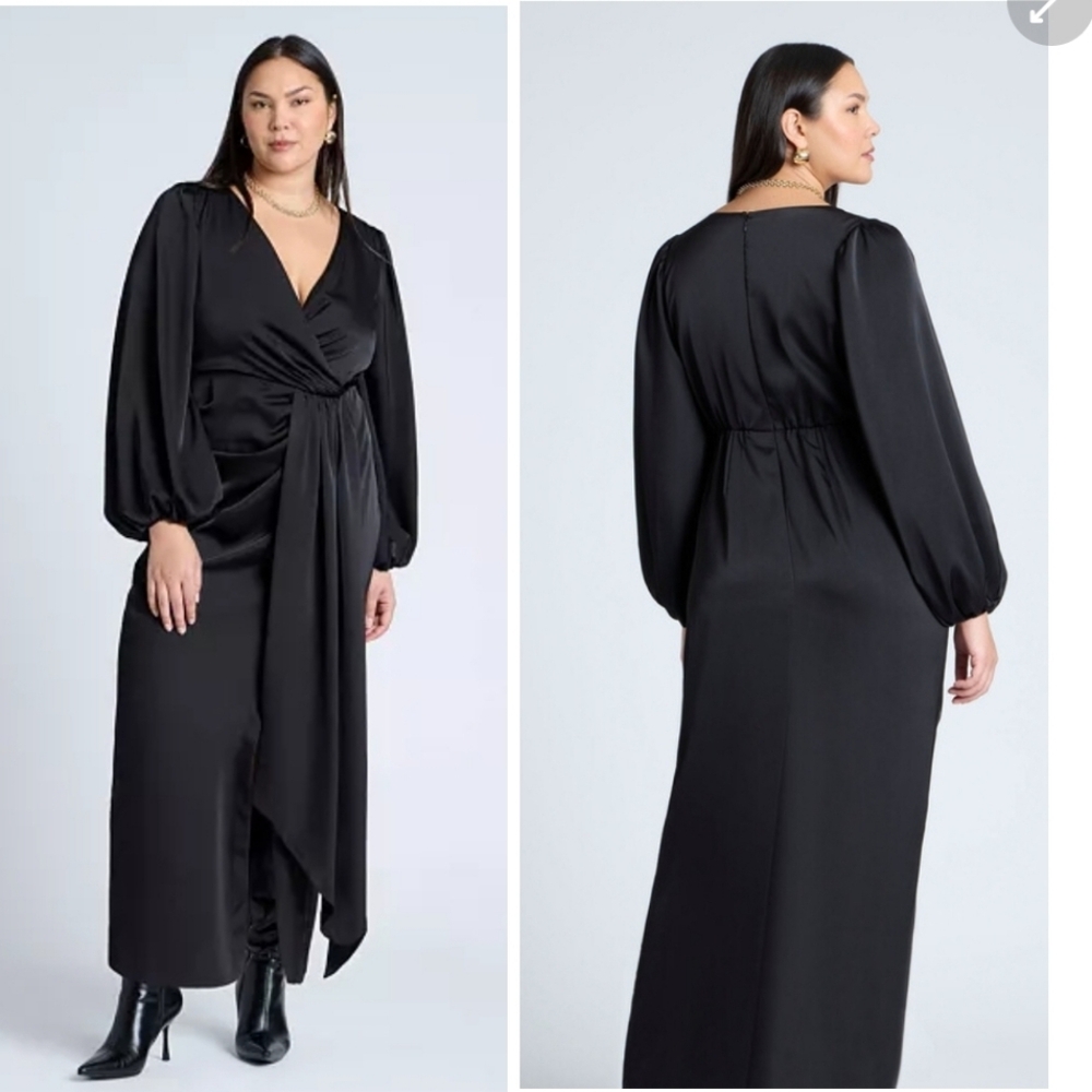 ELOQUII Plus Size Satin Puff Sleeve Pleated Dress SZ 18 NWT